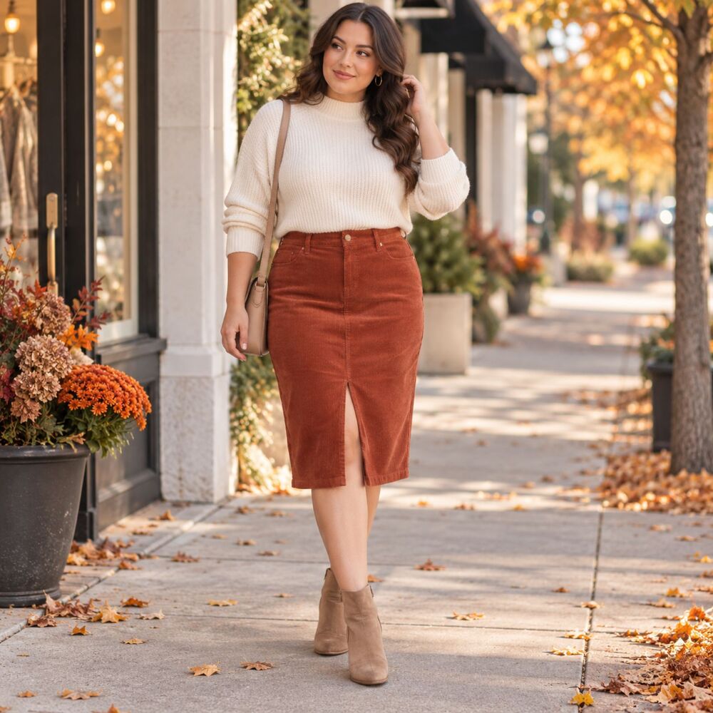 Style & Co Rust Corduroy Pencil Midi Skirt Size 16 Front Slit